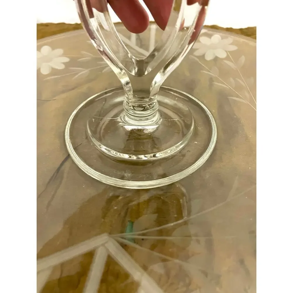 VTG Etched Clear Crystal‎ Center Handle Tray Plate with Etched Flowers 10.5